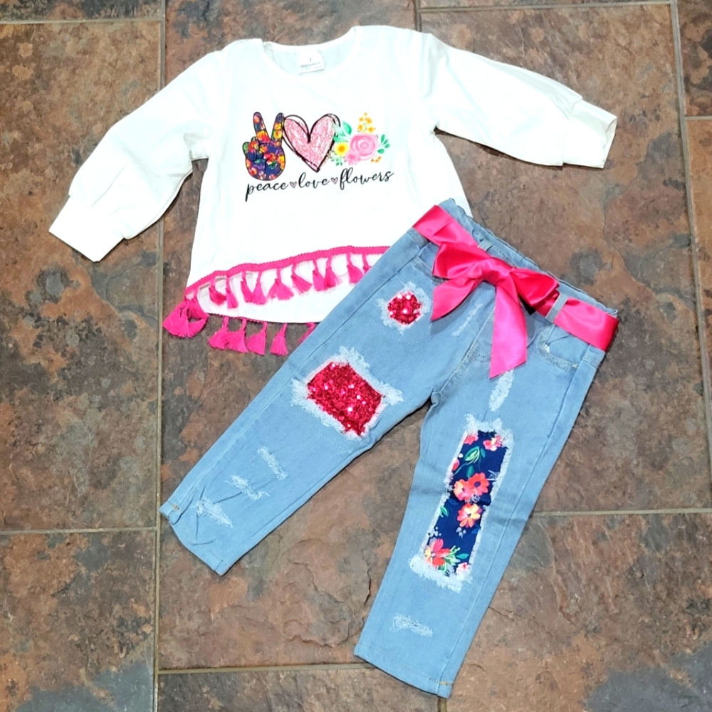 NWT Peace❤Love❤Flowers Toddler Top and Denim Bottom